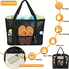 9 Pockets Mesh Beach Bag Large Capacity Foldable Pool Shower Tote