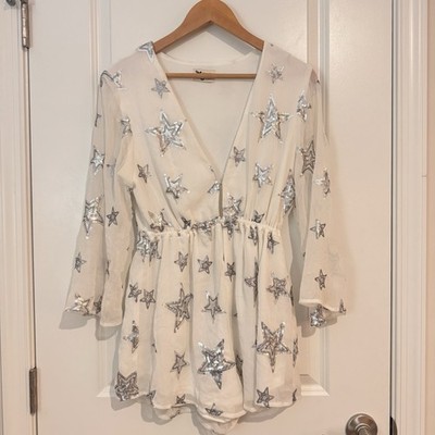 Show Me Your Mumu Star Sequin Romper Small White Silver Bell Sleeve Festival