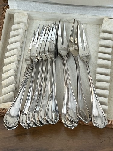 12 Gabeln A Snail Versilbertes Metall / Tafelsilber Antik