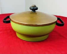 1930s Thick Green Porcelain Pot 8.25" Copper Lid Steel Handles Rare  Art Deco