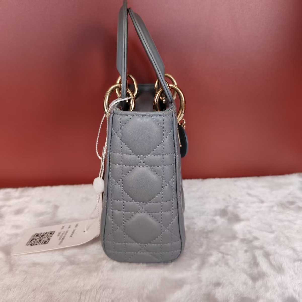 美品☆Dior ☆レディディオール ☆ミニ☆グレー Dior Lady Dior mini Gray Leather Cannage Bag Gold Hardware Auth