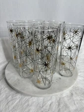7  Libbey MCM Atomic Gold Star Burst Black Line Iced Tea Cocktail Tall Glasses