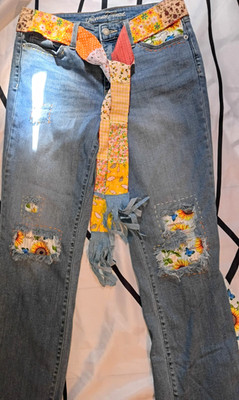 Universal Thread Women's Blue Denim Bell Bottom Jeans Patchwork Distressed