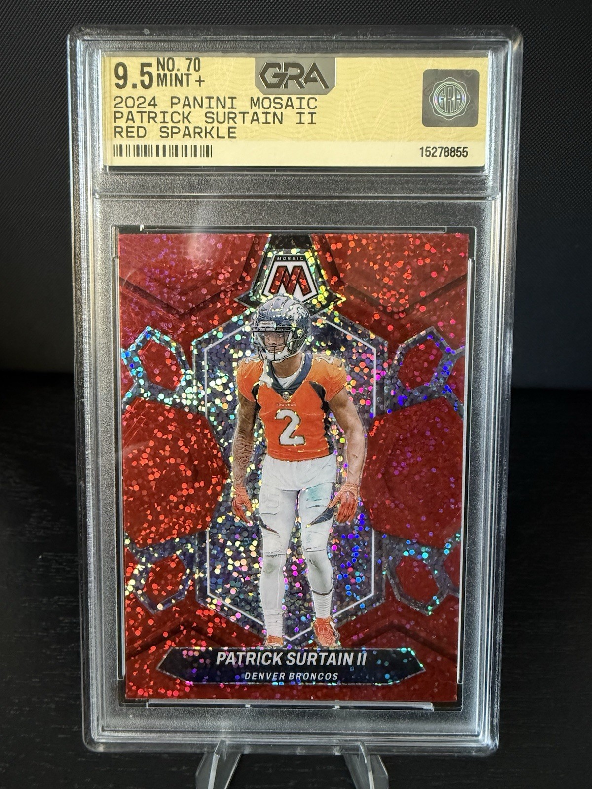 #70 Patrick Surtain II 2024 Panini Mosaic - Red Sparkle GRA Mint+ 9.5