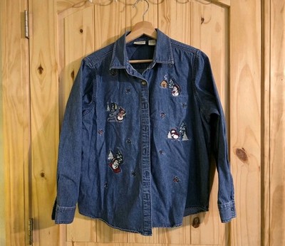Classic Elements Petite Chambray Snowman Embroidered Shirt Denim Women's Large 