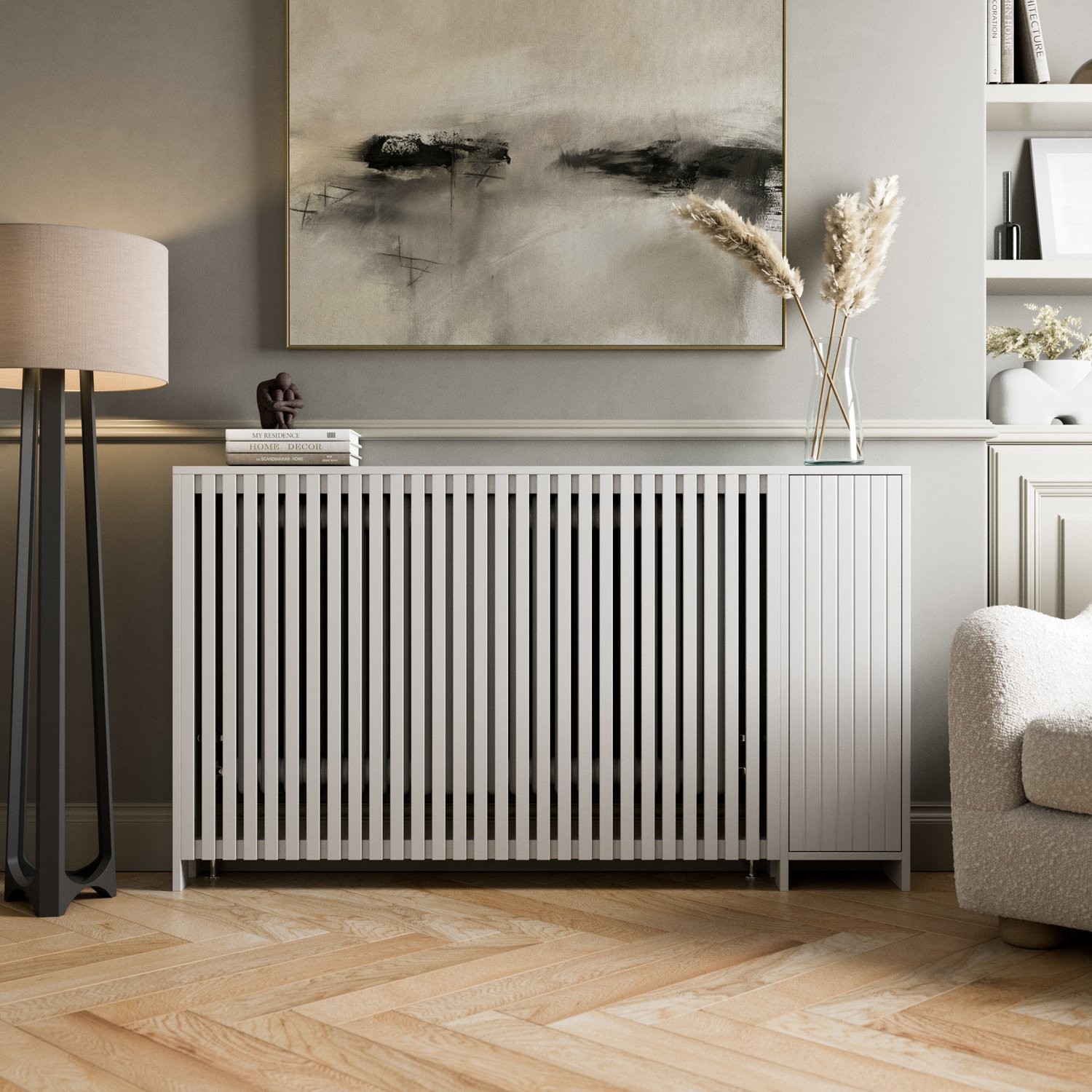 Radiator Cover White Modern Vertical Slat Shelves MDF Storage Cabinet Medium