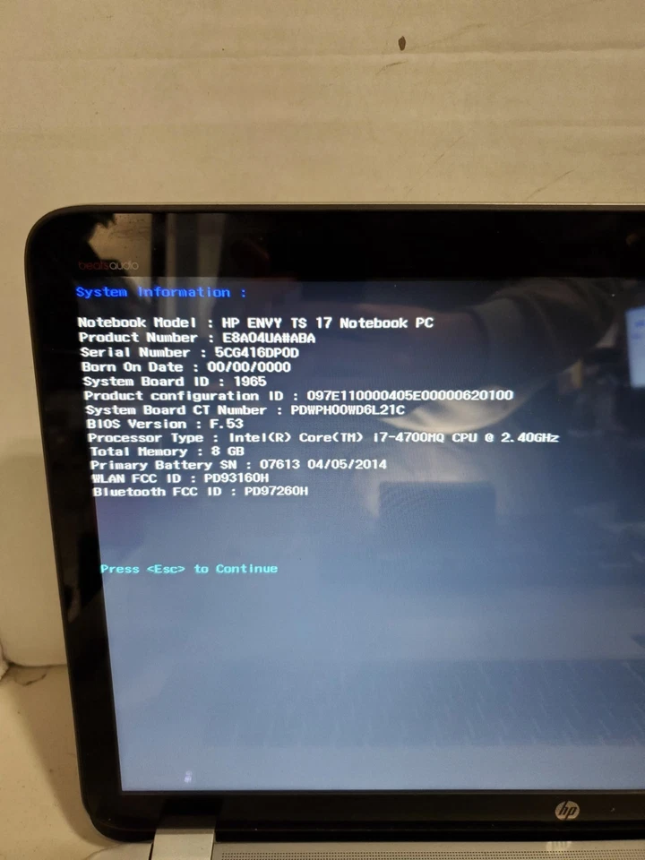 HP ENVY TS 17 CORE i7-4700MQ 8GB RAM Sin HDD/SSD/OS! BIOS PW! #69 Foto 2 de 4