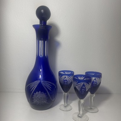 Bohemian Cobalt Blue Cut to Clear Crystal Decanter Set w/Stopper & 3 Globlets