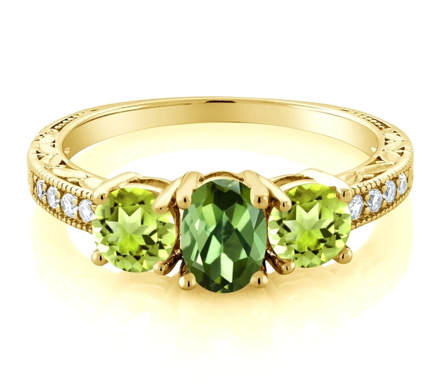 925 Silber Gelb Vergoldet 1.90 Karat Ovaler Turmalin & Peridot Verlobungsring - Bild 2 von 4