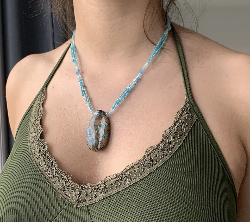 Collana Argento, Opale Blu (Legno Fossile) Africa,Apatite,Acquamarina,Topazio - Immagine 4 di 4