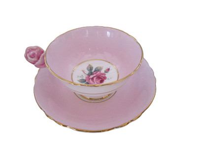 Rare Paragon Double Warranted Pale Pink W/ Pink Rose Handle Tea Cup & Saucer