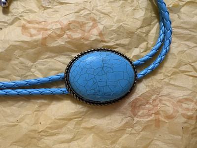 Western Men s Adjustable Blue Faux Leather Bolo Tie Oval Turquoise Slide Silver