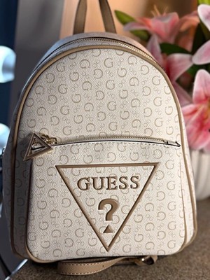 GUESS Beige Logo Zip Backpack Purse w/ Adjustable Strap Gold Hardware Women