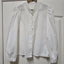 Vtg Embroidered Cutwork Blouse Womens S White 1970s Bishop Victorian Floral