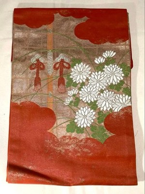 Nagoya Obi Orange Chrysanthemum Pattern Kimono Accessory 142in Used