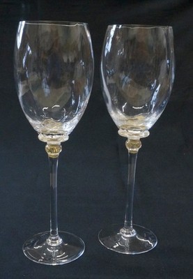 2 Signed Czech (?) STUDIO ART WINE GLASSES, gold flecked, 16 oz