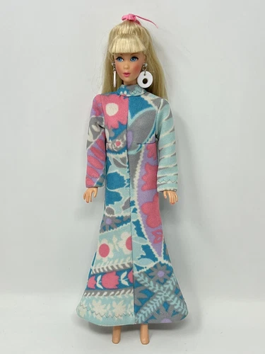 Vintage Barbie Clothes Clone Doll Outfit Mod Flower Power Granny Dress Pink Blue