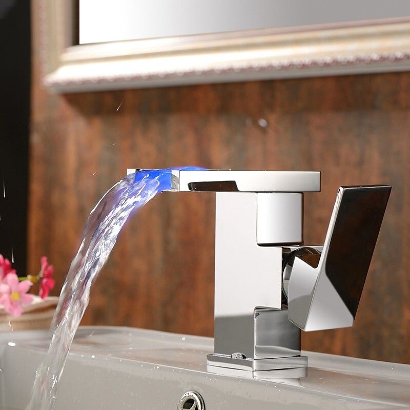 Chrome LED Bathroom Basin Waterfall Spout Tap Mixer Deck Mounted square Faucet
