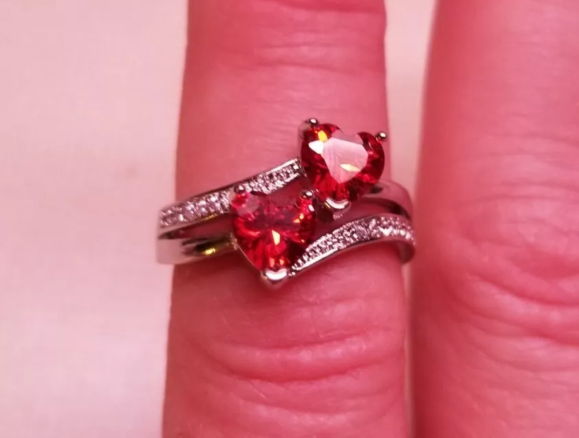 NEW Ruby Rhinestone Two Hearts Ring SIZE 8 Beautiful Silver Heart Ring NEW