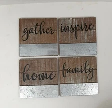 Fiddle + Fern Set of 4, 4"x4" Galvanized Metal & Wood Coasters New