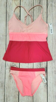 New Women's Zelos Swimwear Coral Colorblock Tankini Set Size Small