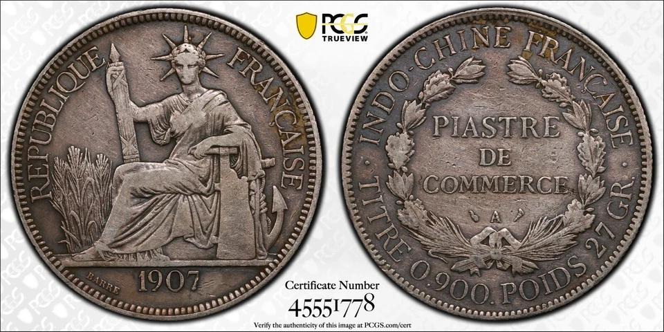 FRENCH INDO-CHINA Silver Piastre, 1907-A. PCGS VF Detail Cleaned Gold Shield - Image 4 of 4