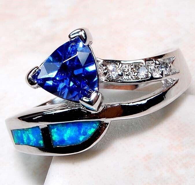 1CT Treated Sapphire & Australian Opal 925 Sterling Silver Ring Size 6 TD2