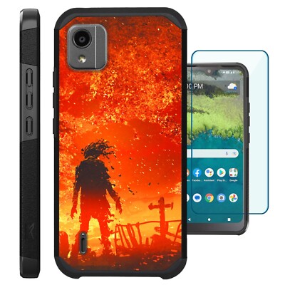 Hybrid Case for Nokia C110 Phone Cover with TEMPERED GLASS/ Zombie Fire