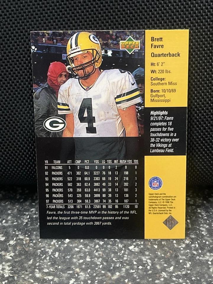 1998 Brett Favre #1 Upper Deck Green Bay Packers HOF Free Shipping - Image 2 of 2