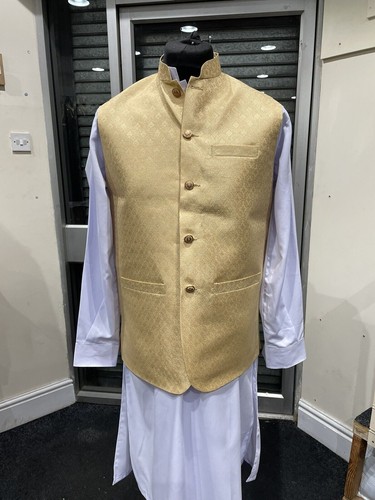 Men Eid party Weeding Waistcoat Nehru jacket Banarsi Gold Asian Indian Pakistan - 第 14/15 張圖片