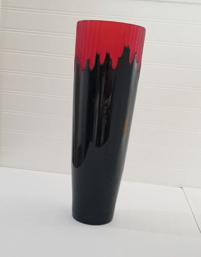 John-Richard Vase Etched Red Satin Glass Encased in Black Cylinder 14"H - Picture 5 of 17