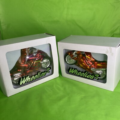 Wheelies Red Motorcycle Blown Glass Christmas Ornaments Lot Of 2 Fancy