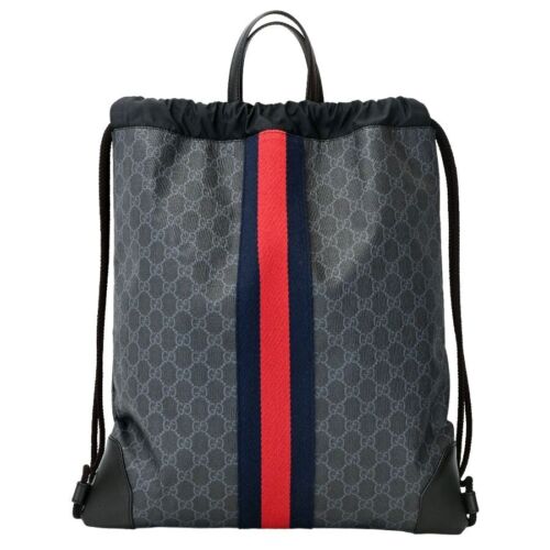 Gucci Sherry Line Drawstring Backpack Black GG Supreme Canvas Leather 473872