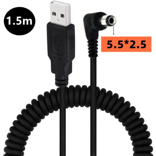 USB 2.0 Spiral aufgerollter Stecker auf 5,5 x 2,5 mm Winkel DC Stromverlängerungskabel - Bild 1 von 5