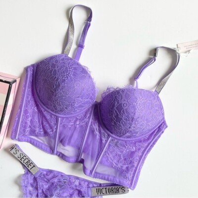 36C XS Victoria's Secret purple lilac bling pushup corset bra set