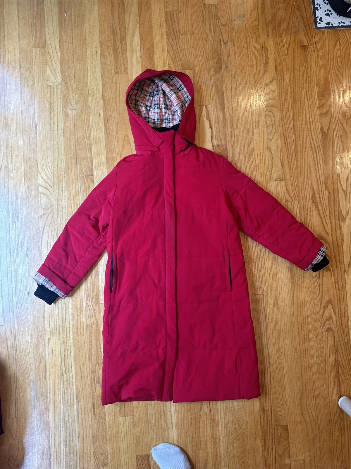 Donatella Mens Red Winter Trench Coat Down Fill Waterfowl Designer Lined Size M