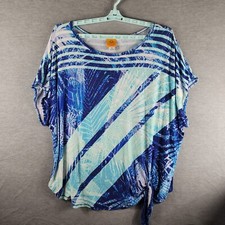 Ruby Rd Women Tropical Print Top 3X Blue White Front Boxy Stretch