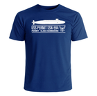 Blue short-sleeve t-shirt with white submarine graphic and text “USS Permit SSN-594 Permit-Class Submarine” in bold navy font.