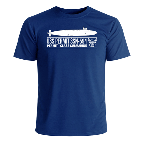 Blue short-sleeve t-shirt with white submarine graphic and text “USS Permit SSN-594 Permit-Class Submarine” in bold navy font.