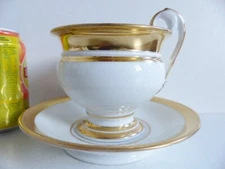 VERY LARGE ANTIQUE 19th C OLD PARIS GOLD PORCELAIN CHOCOLATE CUP & SAUCER 1830s