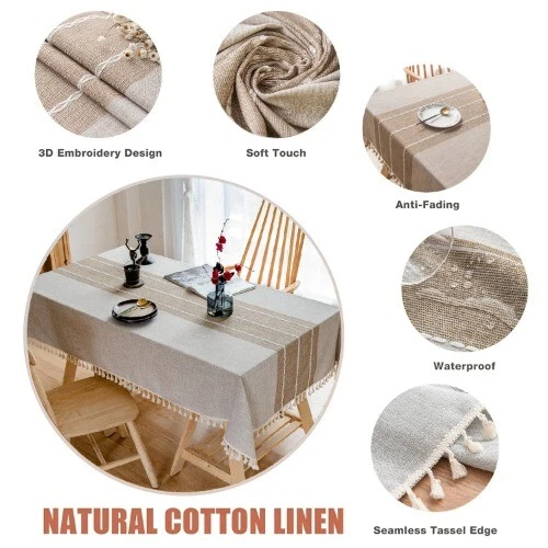 Cotton Linen Tablecloth Rectangular Tablecloth With Tassel Waterproof TableCover - Image 3 of 4