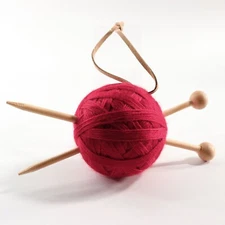 Knitting Needles in Yarn Ball Red Christmas Ornament 6" x 2.25" Knitter Holiday