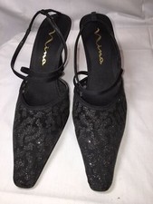 Nina Women's Black Ankle Strap Stilettos Black Glittery Pointy 6M NWOT A382 jv