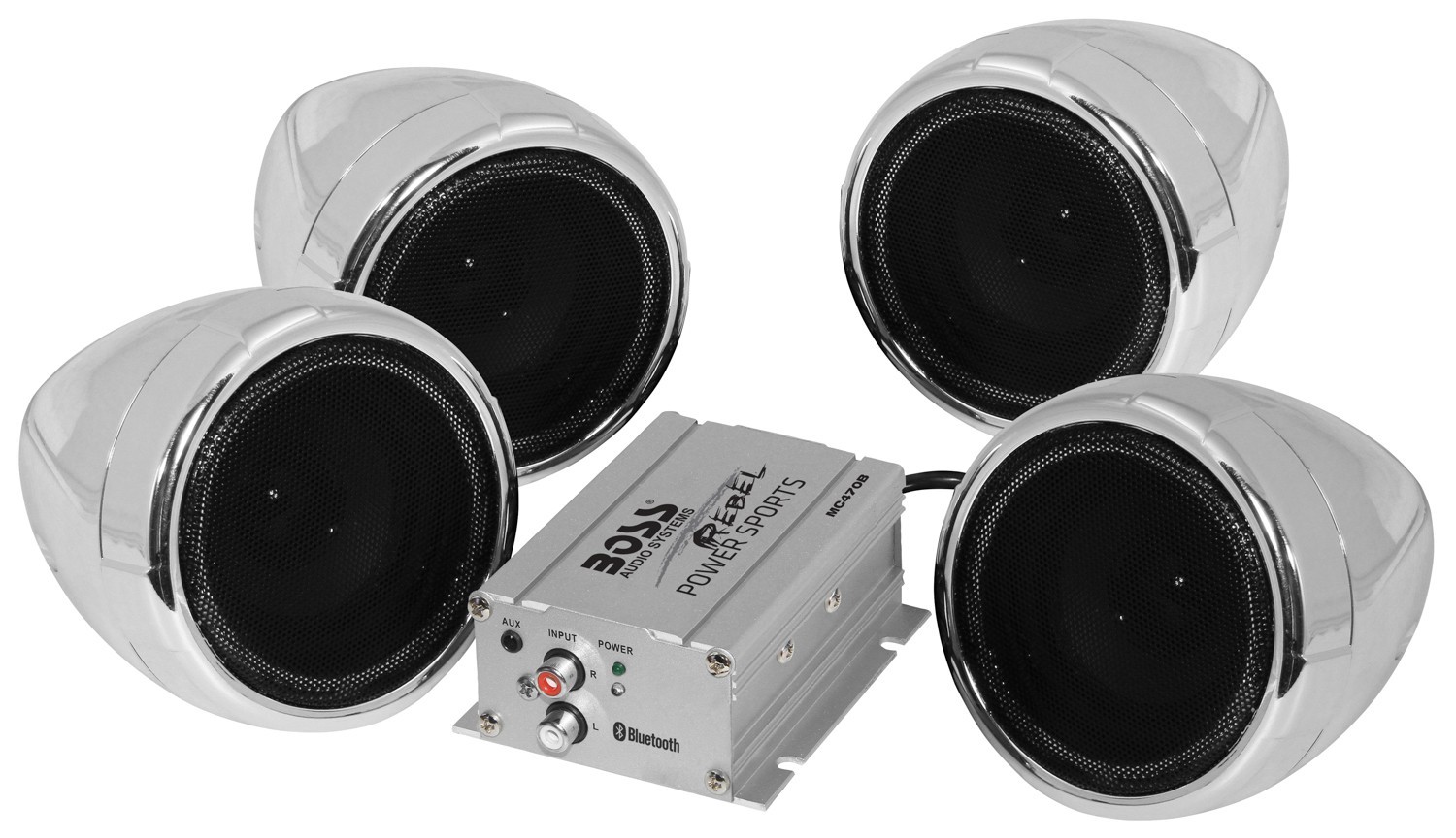 BOSS AUDIO MC470B Rebel 1000W 3" 4-Speaker Bluetooth Sound System, Chrome. Mp3