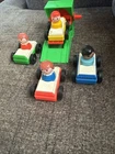 Vintage Fisher Price Little People Garage Lift & 4 Cars w/ 4 People