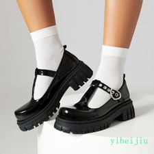 2025 Spring Women's T Strap Mary Janes Shiny Leather Chunky Heel Shoes Platform