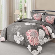 Queen Comforter Set Grey Pink Floral 7 Piece Bed in a Bag Bedding Set 76
