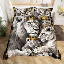 Lion Family Kids Duvet Cover Set King Size,Gold King and Queen Crown Bedding ...