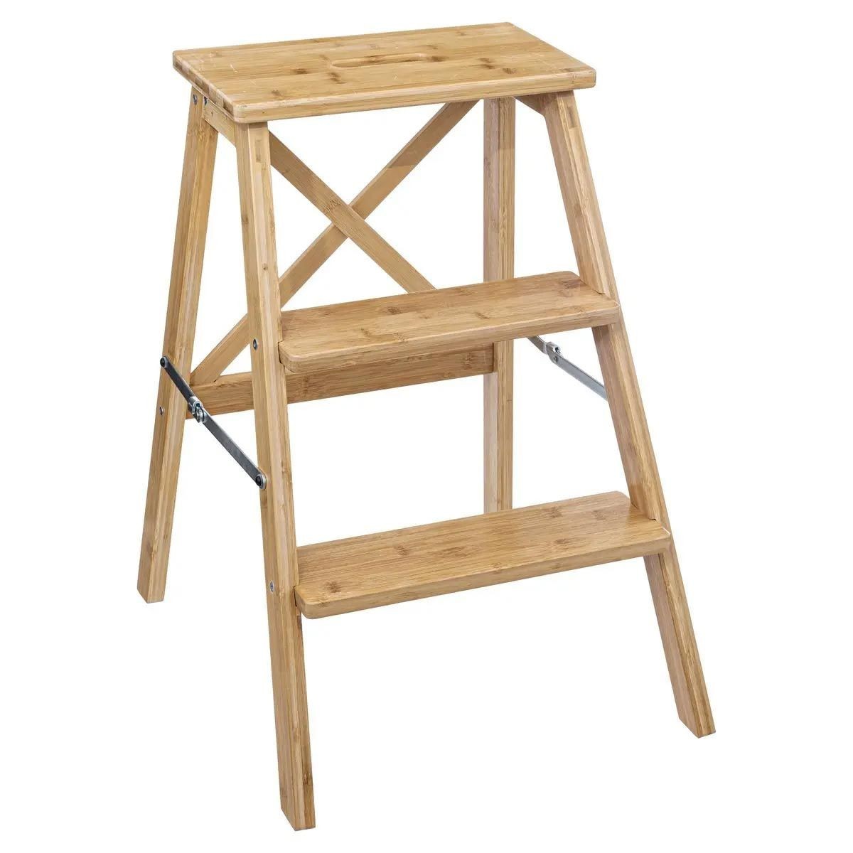 Marchepied 3 Marches Bambou 63cm Naturel - Escabeau Pliant en Bois pour Cuisine et Maison