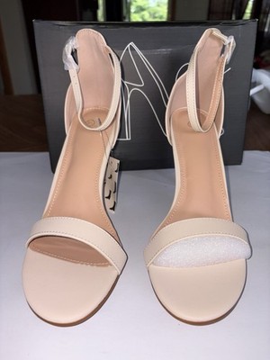 Qonetic Women s Nude Stilettos Open Toe Ankle Strap Wedding Pump Heels NIB 9.5